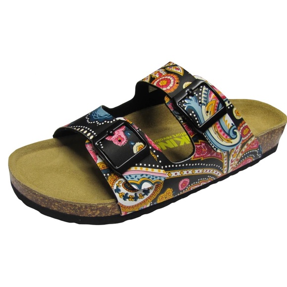 Viking Shoes - Viking Black Paisley "Chatham" Birkenstock Style Two Strap Buckle Sandals